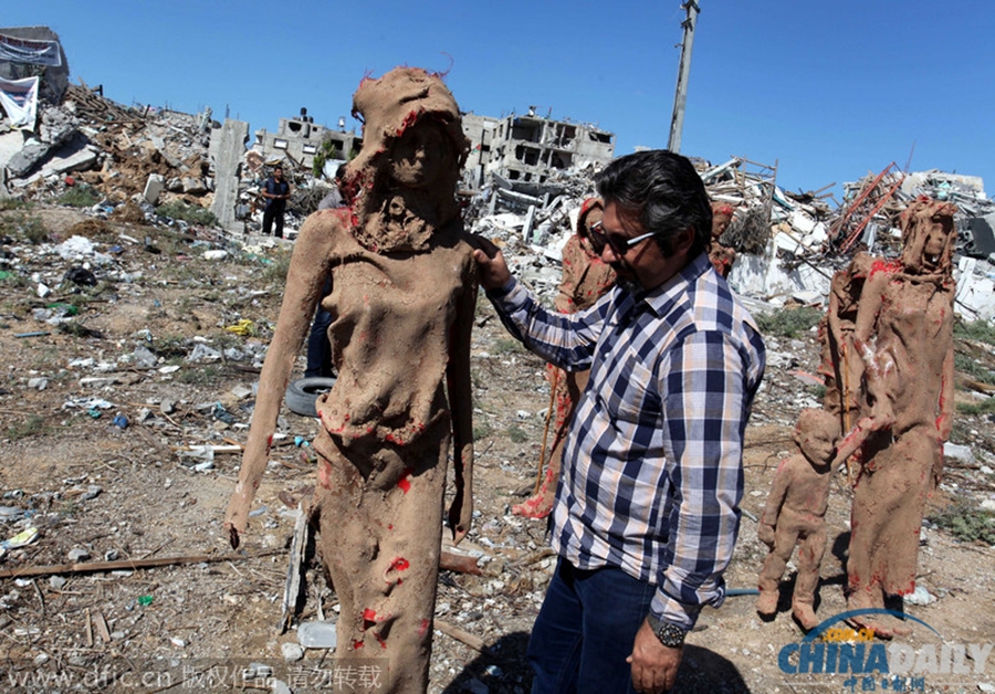 勿忘战争 加沙废墟展出巴勒斯坦难民雕像