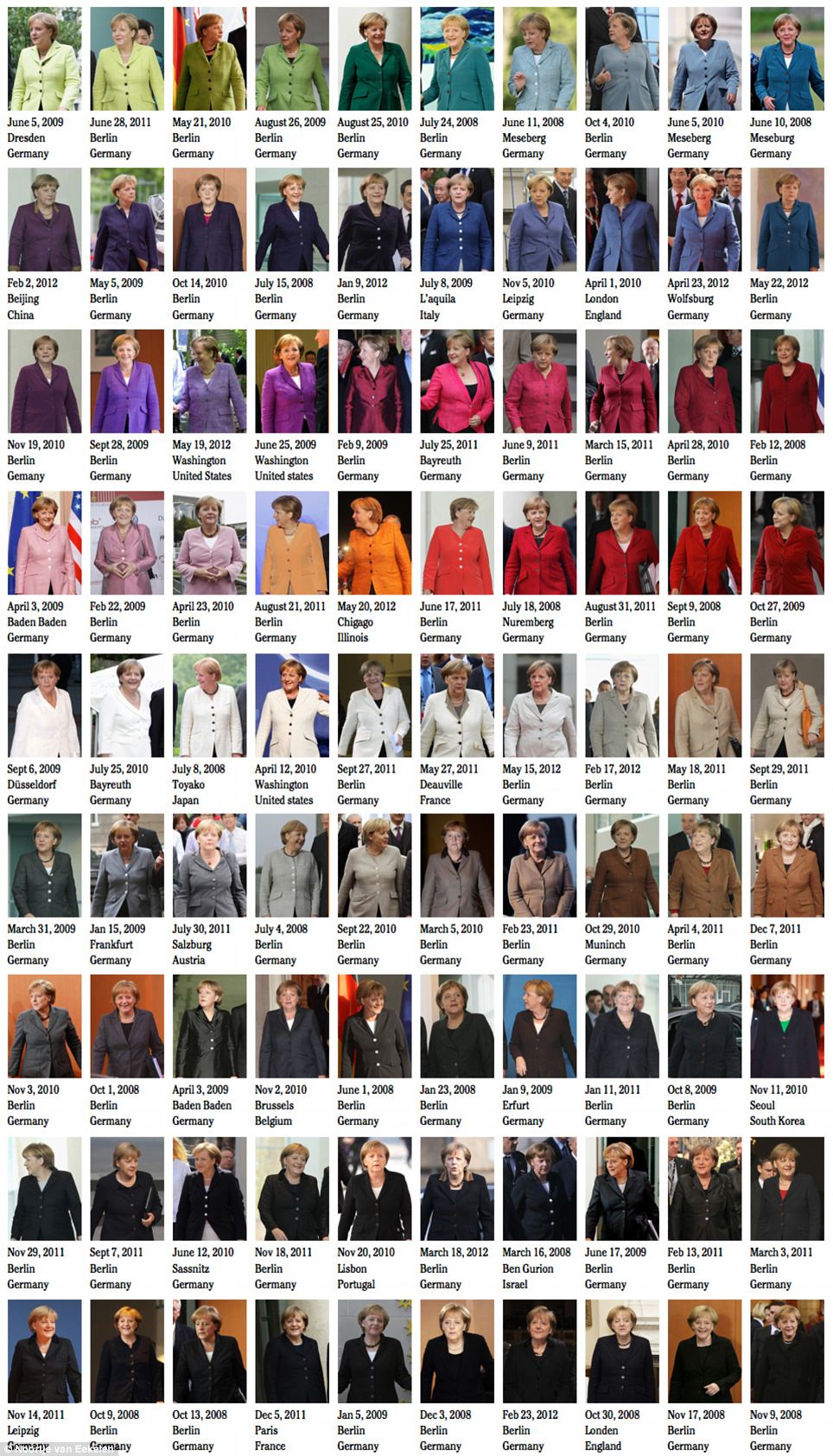 默克尔的五彩衣橱：艺术家将50张德总理着装图拼成“潘通色卡”