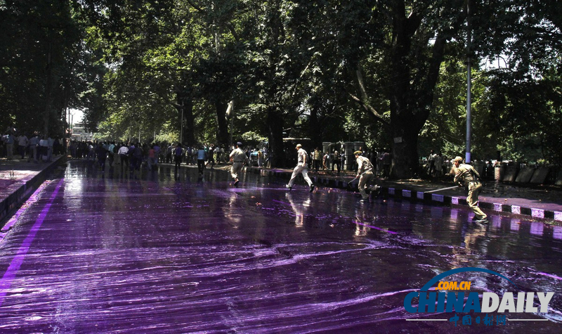克什米尔公务员示威 警方用紫色水柱驱散人群（高清组图）