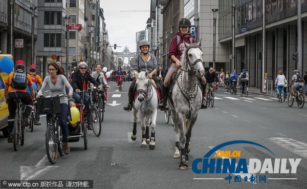 比利时举办“无车日”活动 国王携家人骑车上街