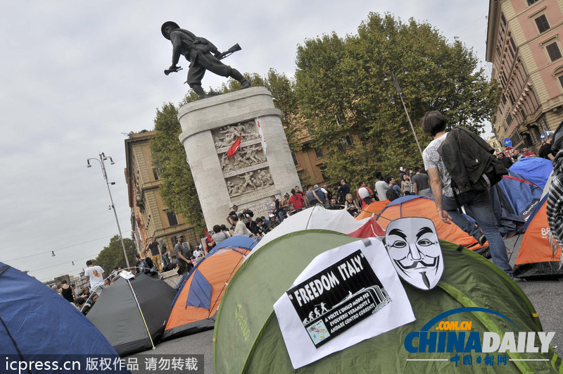 意大利民众搭帐篷示威 抗议财政紧缩政策