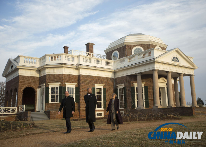 奥朗德单身访美 奥巴马亲自迎接陪同参观杰斐逊故居