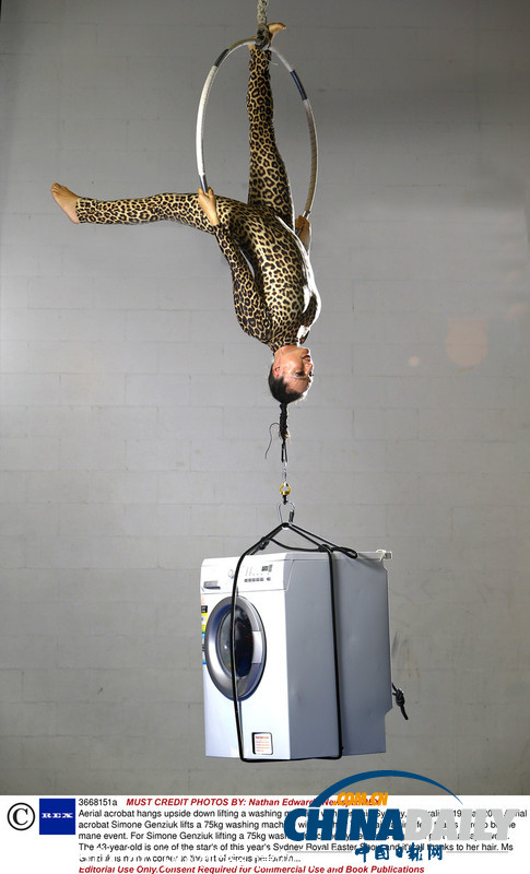澳洲杂技演员秀绝技 一头秀发吊起75公斤洗衣机