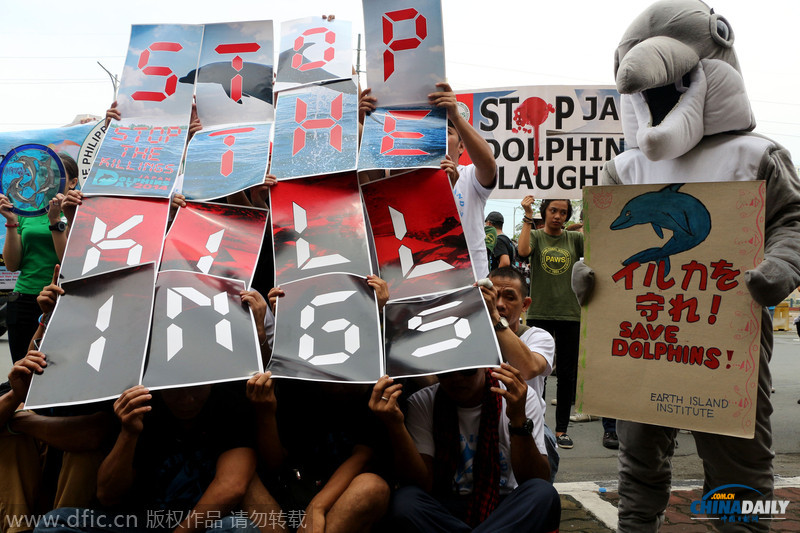 菲律宾环保人士日本使馆前示威 抗议捕杀海豚