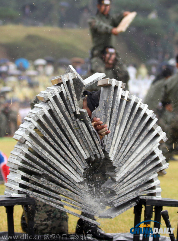 韩国建军节仪式彩排 上演徒手劈砖以头碎瓦等