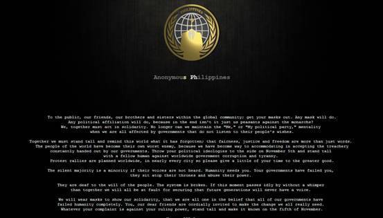 菲黑客团体攻击菲政府网站 呼吁“面具抗议”