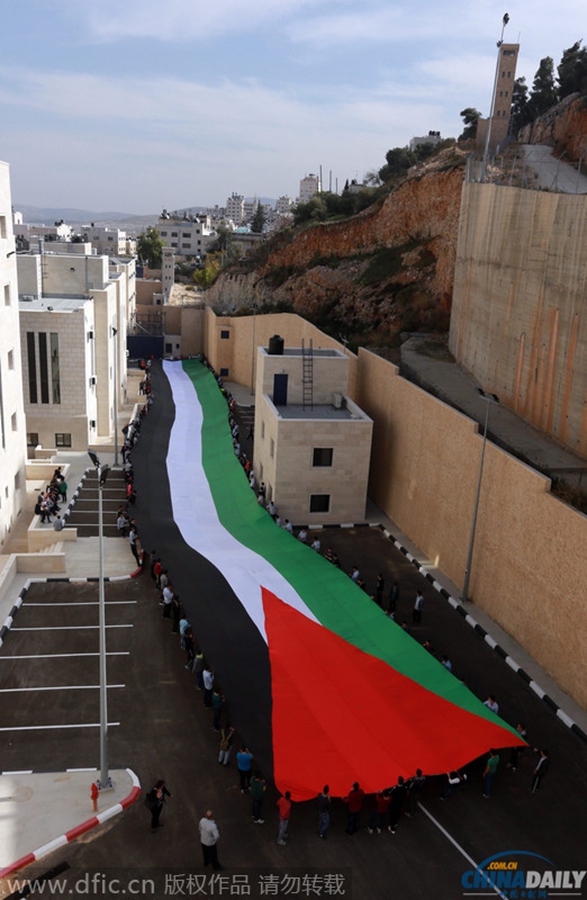 巴勒斯坦民众持百米国旗游行 庆祝独立26周年