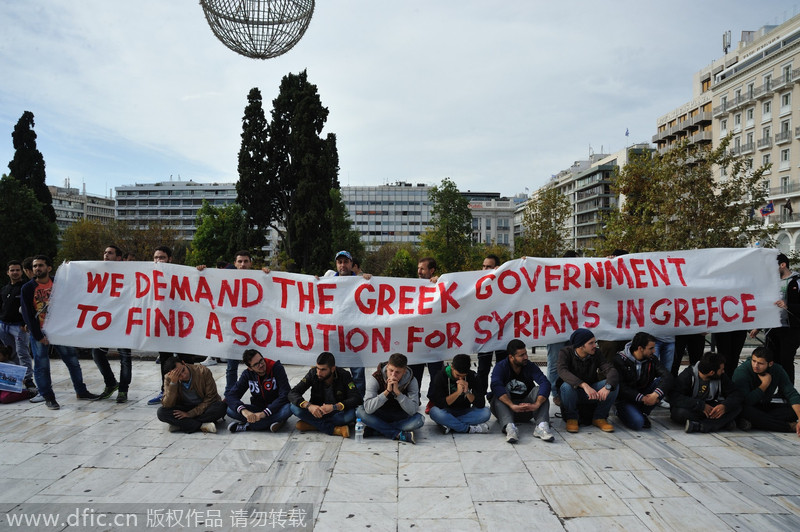叙利亚难民示威 要求希腊政府提供避难所