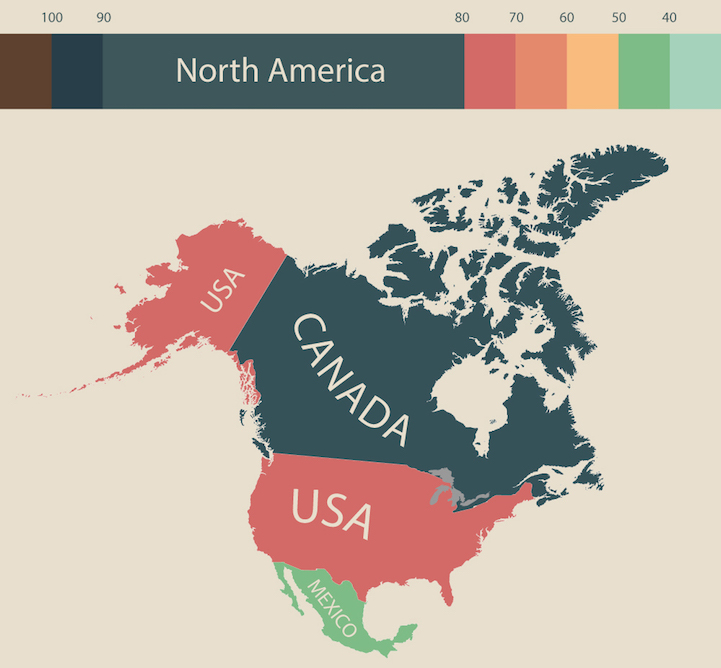 颜色图表生动揭示世界各国生活成本 中国相对
