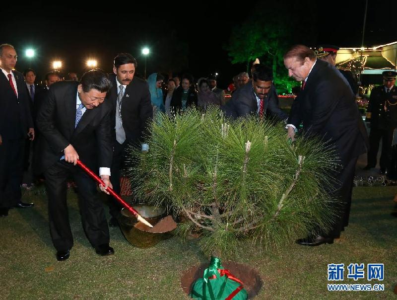 习近平与巴基斯坦总理谢里夫种植友谊树