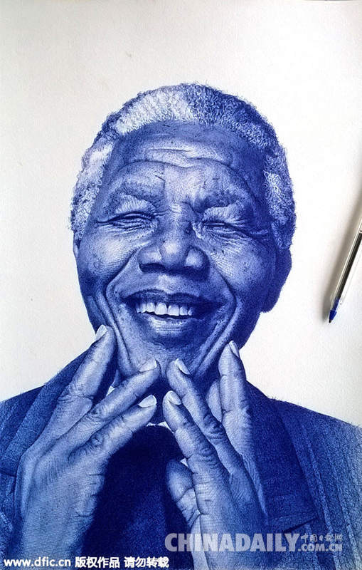 非洲艺术家用圆珠笔创作肖像画 惟妙惟肖酷似照片