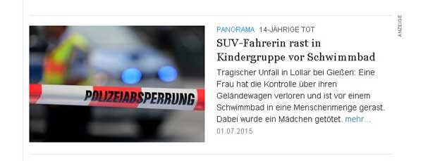 德国62岁老妇驾越野车误操作冲向孩童 14岁女孩丧生