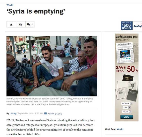 9月15日世界主流媒体头条：内战引发难民危机 叙利亚正被掏空