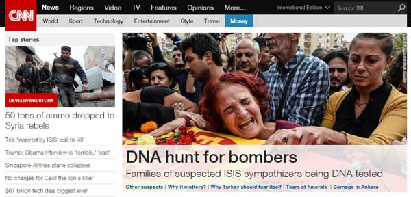 10月13日世界主流媒体头条：土耳其政府检测DNA IS系连环爆炸主嫌