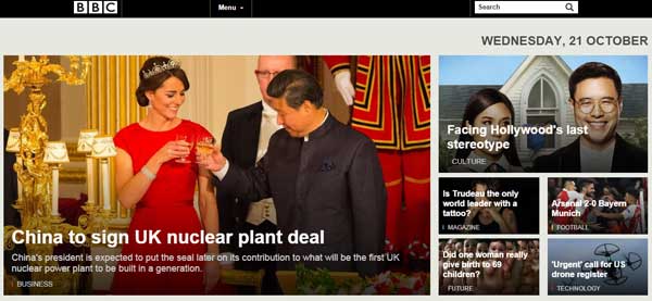 10月21日世界主流媒体头条：习近平访英将签署欣克利角核电站协议