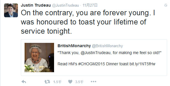 加拿大帅哥总理敬酒失言 英女王自嘲老矣