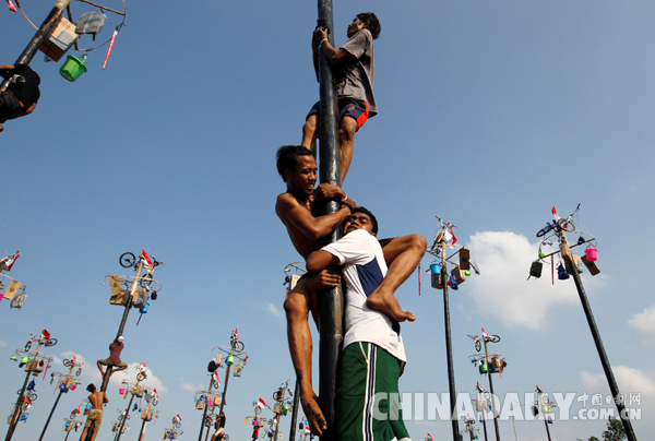 印尼民众“爬杆”纪念第71个独立日