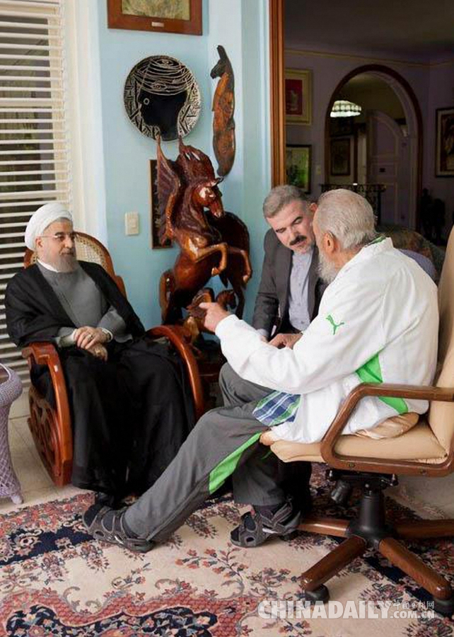 古巴革命领导人菲德尔·卡斯特罗会见伊朗总统鲁哈尼