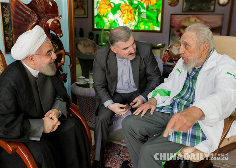 古巴革命领导人菲德尔·卡斯特罗会见伊朗总统鲁哈尼