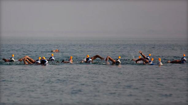 多国游泳选手7个小时横渡死海 呼吁世人关注死海环境