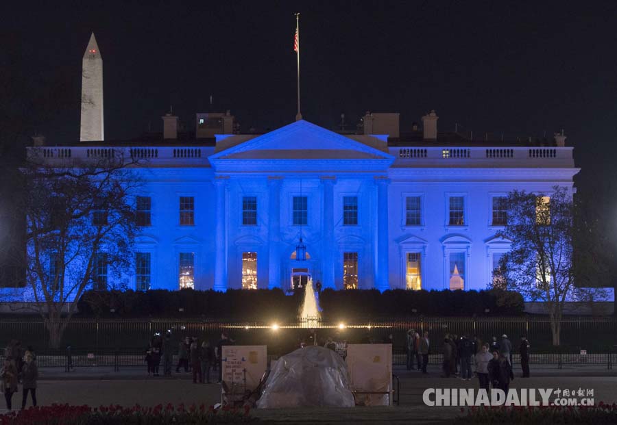 美国白宫点亮蓝灯 纪念世界自闭症日