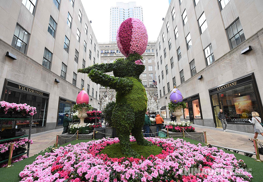 纽约迎接复活节 绿植“兔子”现身公园