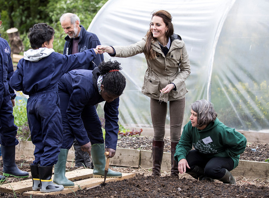 英国凯特王妃造访慈善农场 与小朋友同赶猪超接地气