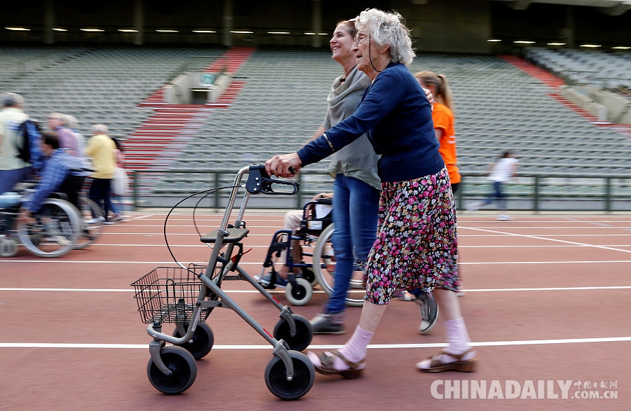 布鲁塞尔举办“老年奥运会” 爷爷奶奶推着轮椅“跑”接力
