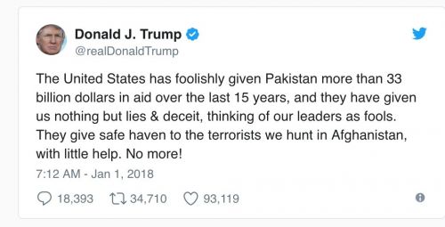 特朗普新年第一推：指责巴基斯坦反恐不利 要停止资金援助