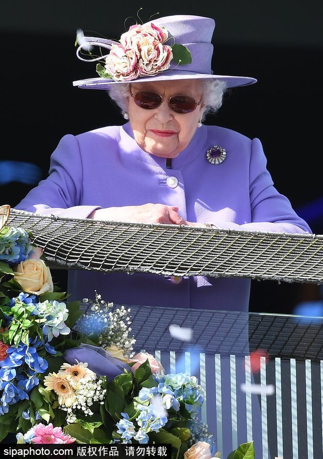 英国伊丽莎白女王出席埃普索姆赛马会 一身紫色鲜艳减龄