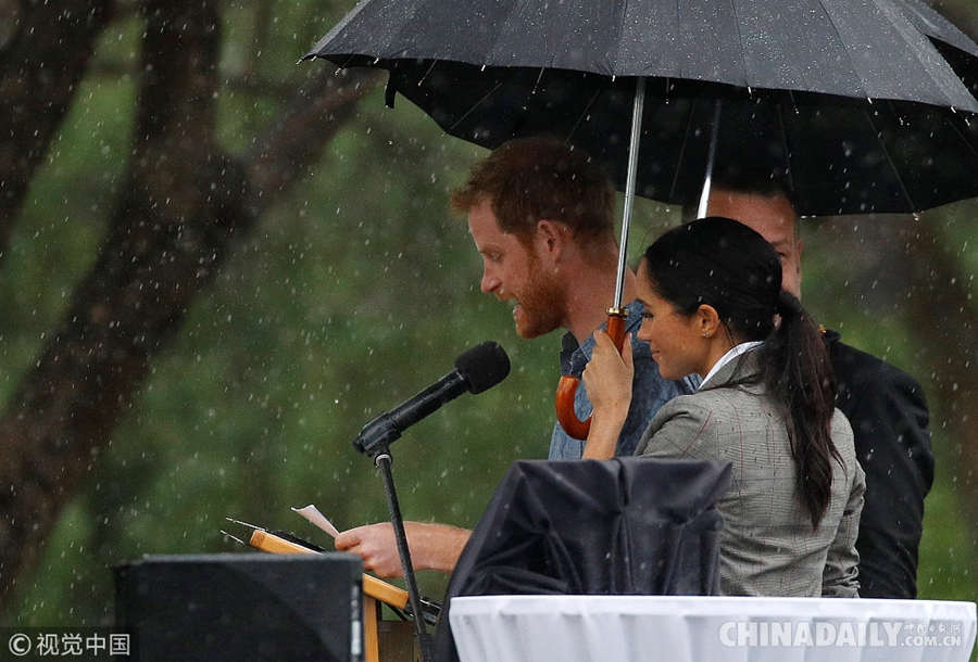 超甜！哈里王子冒雨演讲王妃在旁为其撑伞