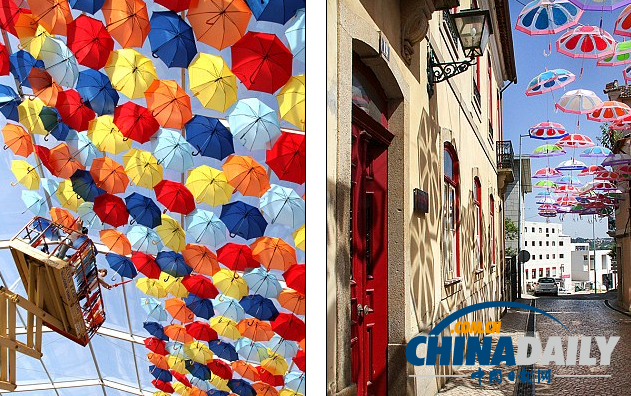 五彩雨伞漂浮半空中 葡萄牙小镇用雨伞打造童话世界