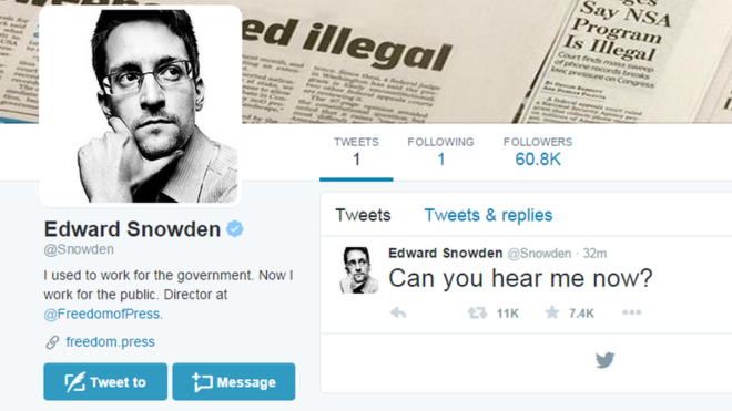 斯诺登开推特账号 仅关注NSA、9小时吸粉逾71万