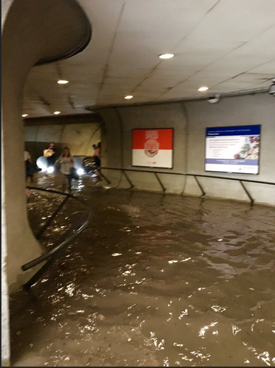 美国首都突遭暴雨 地铁扶梯变“瀑布”