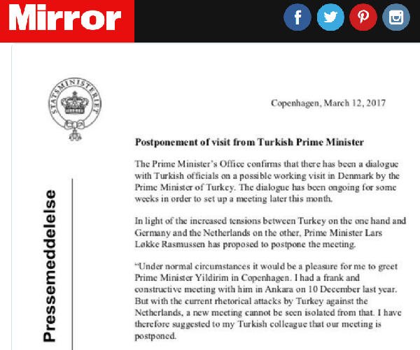 丹麦推迟土耳其总理访问 土总统面临欧盟全面禁令