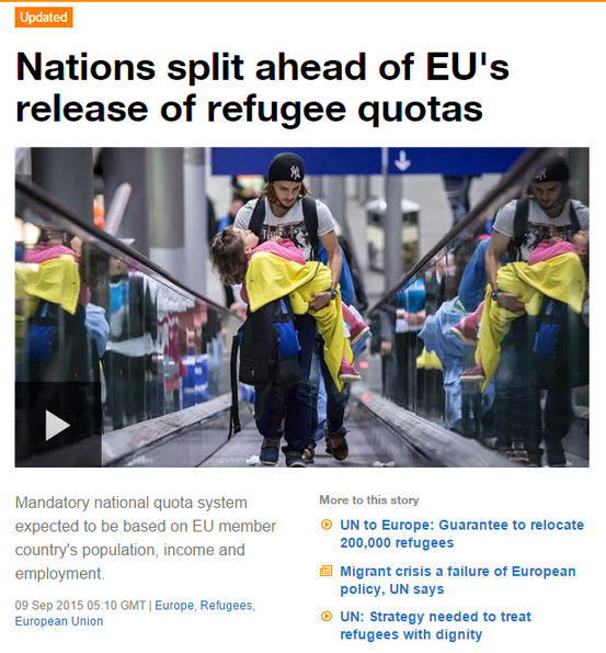 9月9日世界主流媒体头条：强制分摊难民配额 欧盟内部现分歧