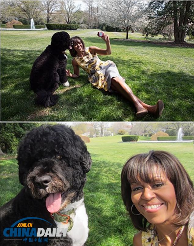 美国第一夫人玩自拍 白宫草坪与爱犬戏耍合影留念
