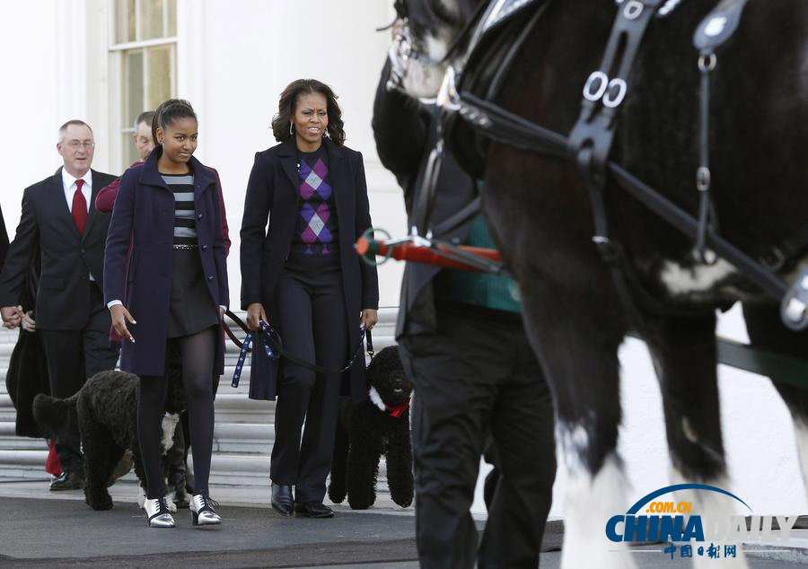 奥巴马妻女全出动迎接圣诞树入住白宫