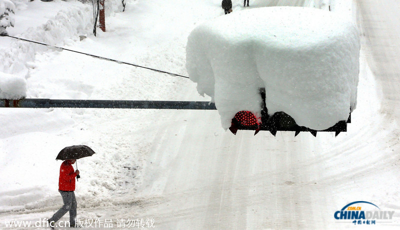 韩国暴雪持续5日 汽车被埋红绿灯遭积雪覆盖