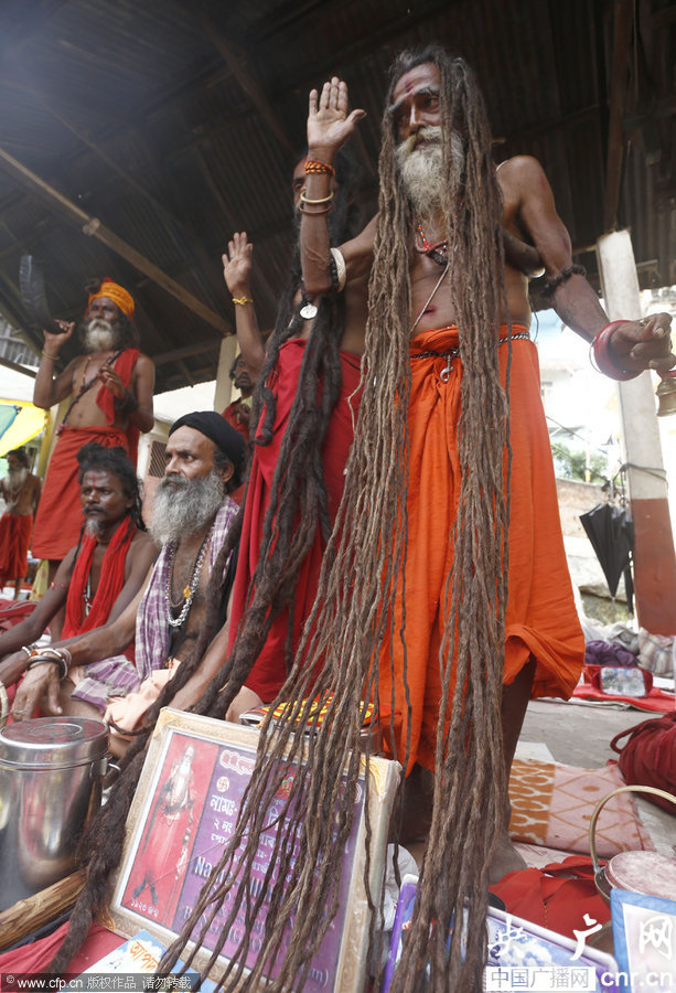 印度教苦行僧展示其11英尺长发