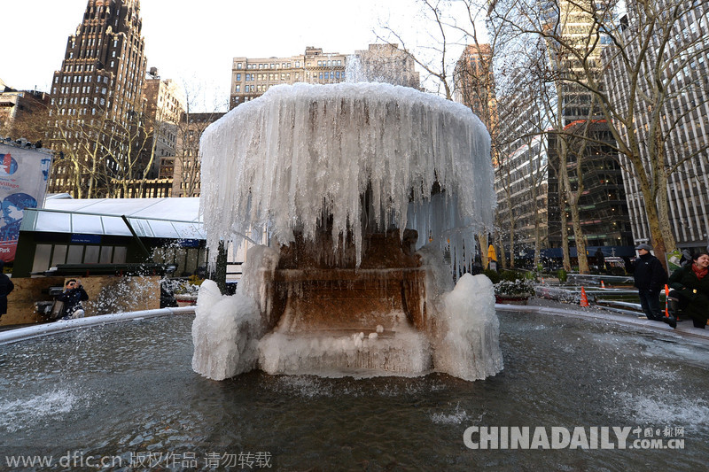 纽约遭寒流侵袭 城市被冰冻