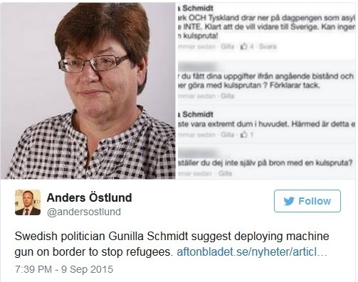 瑞典女政客失言　称用机关枪对付难民