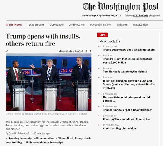 9月17日世界主流媒体头条：共和党第二场辩论 候选人激烈“厮杀”