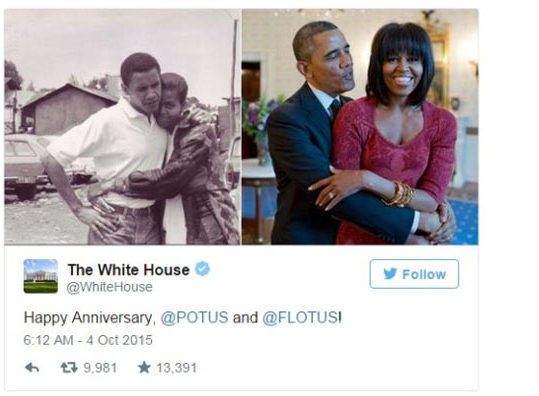 奥巴马推特发文庆祝与米歇尔结婚23周年