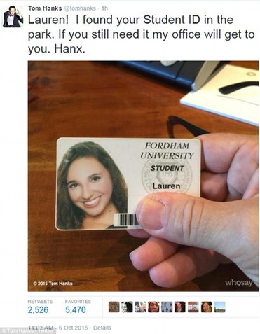 汤姆·汉克斯捡女大学生学生证 网上寻失主